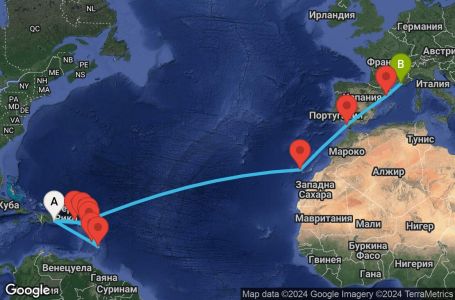 Маршрут на круиз 21 дни Доминиканска република, Сейнт Лусия, Барбадос, Гваделупа, Антигуа и Барбуда, Вирджински острови (Великобритания), Холандски Антили, Испания, Франция - LRM21A05