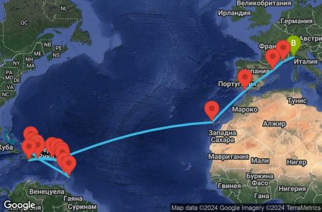 Маршрут на круиз 29 дни Доминиканска република, Търкс и Кайкос, Сейнт Лусия, Барбадос, Гваделупа, Антигуа и Барбуда, Вирджински острови (Великобритания), Холандски Антили, Испания, Франция, Италия - LRM29A02