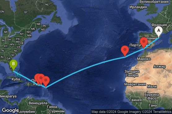 Маршрут на круиз 17 дни Испания, Португалия, Антигуа и Барбуда, Вирджински острови (Великобритания), Пуерто Рико, САЩ - EX20251027BCNMIA