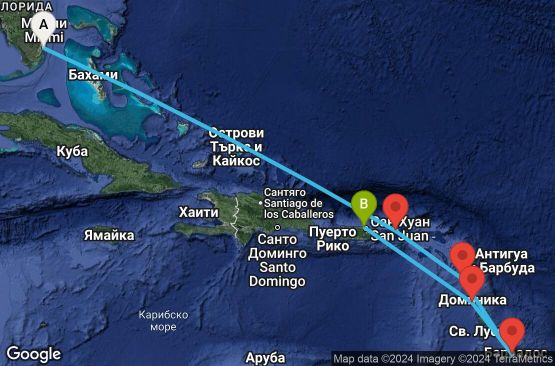 Маршрут на круиз 9 дни САЩ, Вирджински острови (САЩ), Гваделупа, Барбадос, Доминика, Пуерто Рико - EX20251112MIASJU