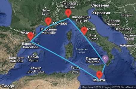 Маршрут на круиз Messina,Valletta,Barcelona,Marseille,Genoa,Civitavecchia,Messina - UW3O