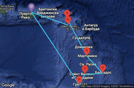 Маршрут на круиз 9 дни Пуерто Рико, Гренада, Сейнт Винсент и Гренадини, Барбадос, Мартиника, Сен Бертелеми, Сейнт Китс и Невис - EP20260303SJUSJU