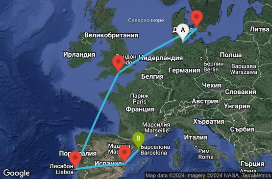 Маршрут на круиз Kiel,Copenhagen,Southampton,Lisbon,Valencia,Barcelona - UVQV