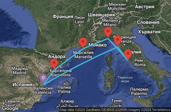 Маршрут на круиз 7 дни Испания, Италия, Франция - UW3V