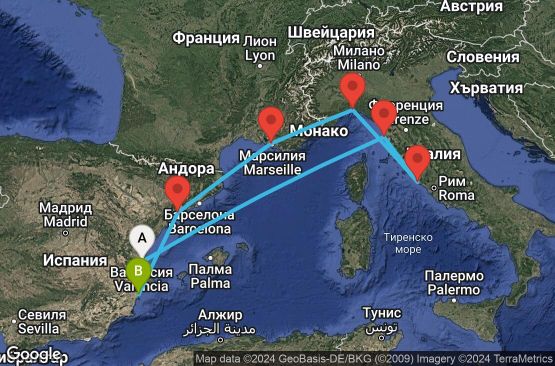 Маршрут на круиз 7 дни Испания, Италия, Франция - UW3W