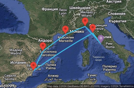 Маршрут на круиз 7 дни Италия, Франция, Испания - UW4A