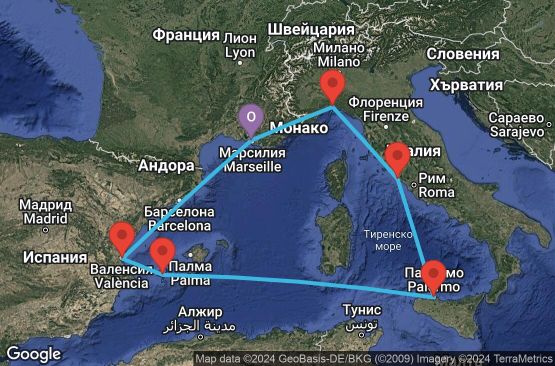 Маршрут на круиз Marseille,Genoa,Civitavecchia,Palermo,Ibiza,Valencia,Marseille - UW2Y