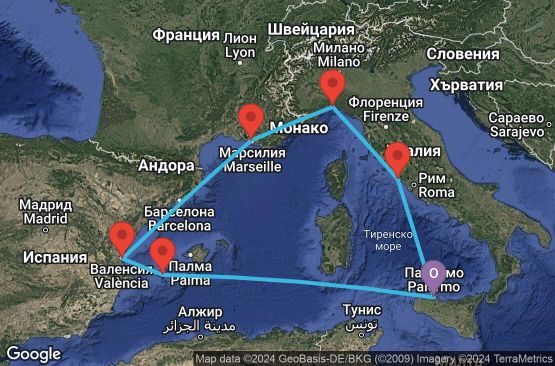 Маршрут на круиз Palermo,Ibiza,Valencia,Marseille,Genoa,Civitavecchia,Palermo - UW2W