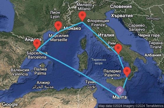 Маршрут на круиз Valletta,Barcelona,Marseille,Genoa,Naples,Messina,Valletta - UW1F