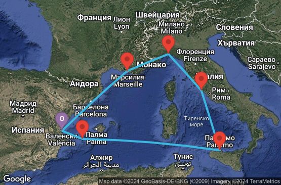 Маршрут на круиз Valencia,Marseille,Genoa,Civitavecchia,Palermo,Ibiza,Valencia - UW2X