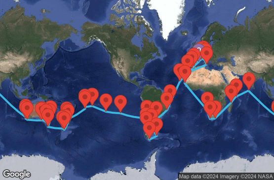 Маршрут на круиз 120 дни Испания, Мароко, Кабо Верде, Бразилия, Аржентина, Фолкландски острови (Малвински), Чили, Великобритания, Френска Полинезия, Острови Кук, Нова Зеландия, Австралия, Малдивите, Сейшелски острови, Мадагаскар, Южна Африка, Намибия, Сенегал, Италия, Франция - UW57
