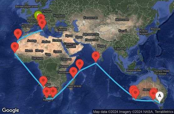 Маршрут на круиз Melbourne,Adelaide,Penneshaw,Albany,Busselton,Fremantle,Fremantle,Male,Port Victoria,Nosy Be,Port Elizabeth,Cape Town,Walvis Bay,Dakar,Puerto del Rosario,Palermo,Civitavecchia,Genoa - UW6K