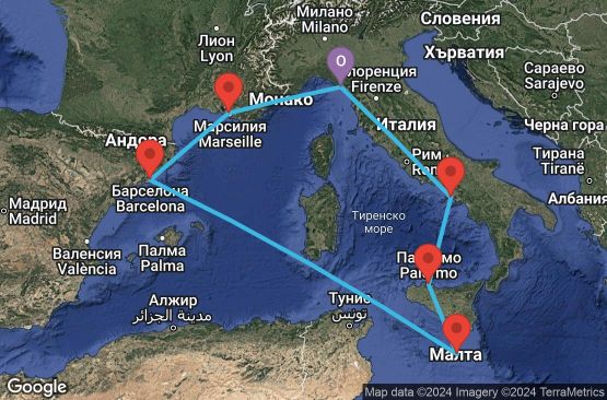 Маршрут на круиз 7 дни Италия, Малта, Испания, Франция - UW5B