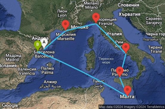 Маршрут на круиз 7 дни Испания, Франция, Италия, Малта - UW54