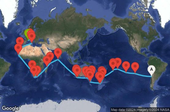 Маршрут на круиз 85 дни Чили, Великобритания, Френска Полинезия, Острови Кук, Нова Зеландия, Австралия, Малдивите, Сейшелски острови, Мадагаскар, Южна Африка, Намибия, Сенегал, Испания, Италия, Франция - UW6O