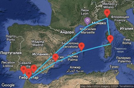 Маршрут на круиз Marseille,Malaga,Cadiz,Gibraltar,Ceuta,Alicante,Mahon,Olbia,Genoa,Marseille - UW7O