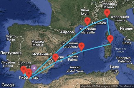 Маршрут на круиз Malaga,Cadiz,Gibraltar,Ceuta,Alicante,Mahon,Olbia,Genoa,Marseille,Malaga - UW7P