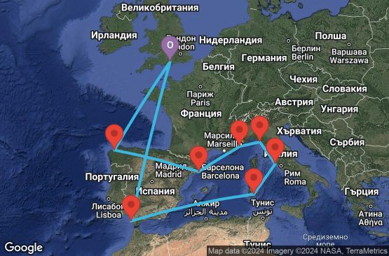 Маршрут на круиз 14 дни Великобритания, Испания, Италия, Франция - 14M118