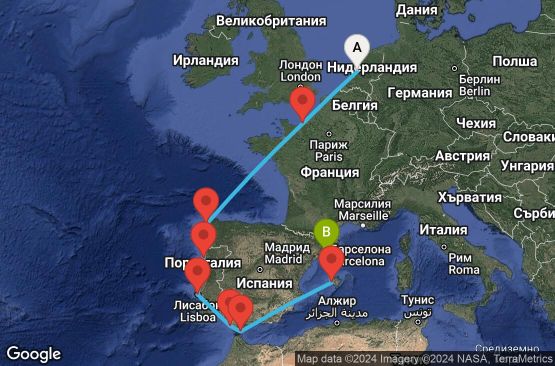 Маршрут на круиз 12 дни Холандия, Франция, Испания, Португалия, Гибралтар - 12U424