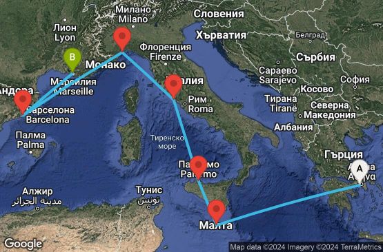Маршрут на круиз 7 дни Гърция, Малта, Италия, Испания, Франция - ATH07A16