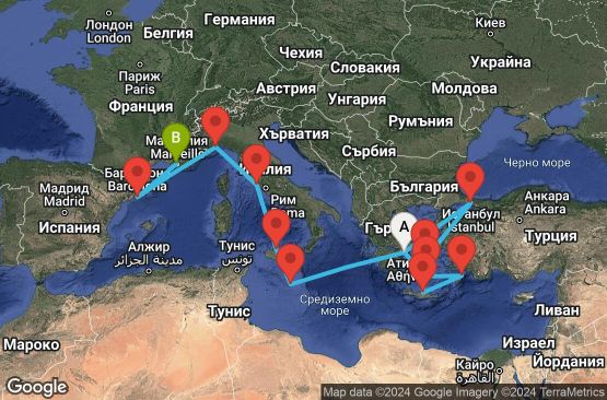 Маршрут на круиз 14 дни Гърция, Турция, Малта, Италия, Испания, Франция - ATH14A0D