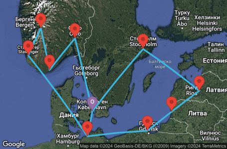 Маршрут на круиз Copenhagen,Warnemunde,Gdynia,Klaipeda,Riga,Stockholm,Copenhagen,Warnemunde,Stavanger,Eidfjord,Kristiansand,Oslo,Copenhagen - UW8B