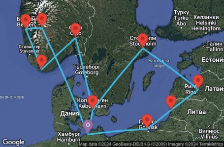 Маршрут на круиз Warnemunde,Eidfjord,Bergen,Lyngdal,Oslo,Copenhagen,Warnemunde,Gdynia,Klaipeda,Riga,Stockholm,Copenhagen,Warnemunde - UW8A