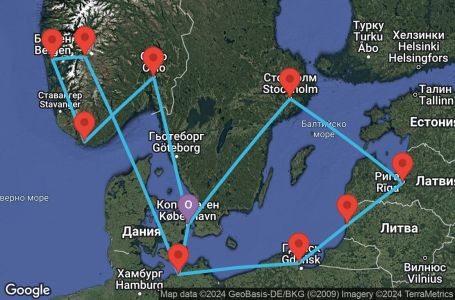 Маршрут на круиз Copenhagen,Warnemunde,Eidfjord,Bergen,Lyngdal,Oslo,Copenhagen,Warnemunde,Gdynia,Klaipeda,Riga,Stockholm,Copenhagen - UW89