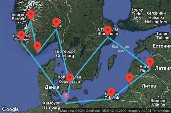 Маршрут на круиз Warnemunde,Gdynia,Klaipeda,Riga,Stockholm,Copenhagen,Warnemunde,Stavanger,Eidfjord,Kristiansand,Oslo,Copenhagen,Warnemunde - UW84