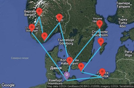 Маршрут на круиз Warnemunde,Stavanger,Eidfjord,Kristiansand,Oslo,Copenhagen,Warnemunde,Gdynia,Ronne,Visby,Stockholm,Copenhagen,Warnemunde - UW86