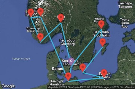 Маршрут на круиз Copenhagen,Warnemunde,Gdynia,Ronne,Visby,Stockholm,Copenhagen,Warnemunde,Eidfjord,Bergen,Lyngdal,Oslo,Copenhagen - UW87