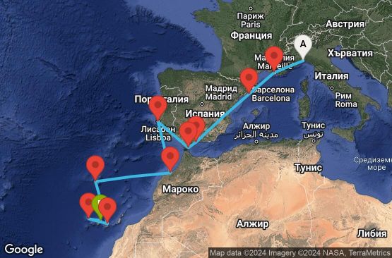 Маршрут на круиз 14 дни Италия, Франция, Испания, Гибралтар, Португалия, Мароко - UVR9