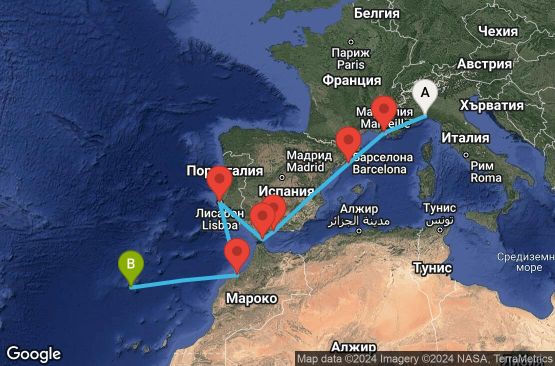 Маршрут на круиз Genoa,Marseille,Barcelona,Malaga,Gibraltar,Lisbon,Casablanca,Funchal - UVRH