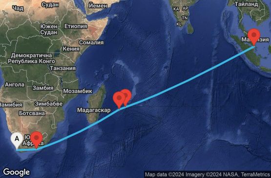 Маршрут на круиз 17 дни Южна Африка, Реюнион, Мавриций, Сингапур - 17R016