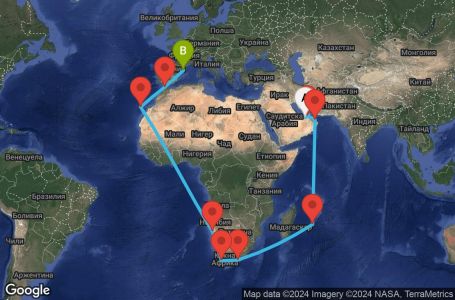 Маршрут на круиз 36 дни Обединени арабски емирства, Оман, Мавриций, Южна Африка, Намибия, Испания, Мароко - AUH36A03