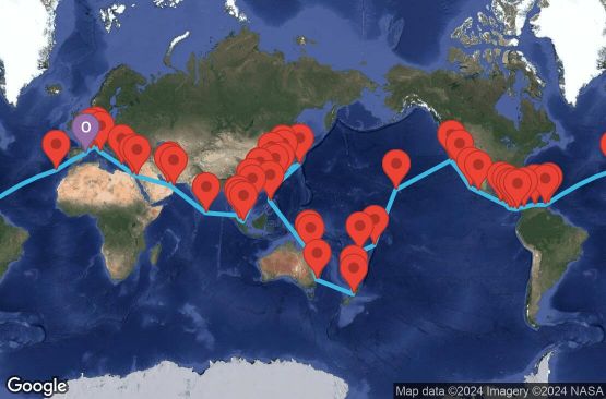 Маршрут на круиз 118 дни Испания, Португалия, Барбадос, Гренада, Холандски Антили, Колумбия, Коста Рика, Панама, Никарагуа, Гватемала, Мексико, САЩ, Самоа, Фиджи, Нова Зеландия, Австралия, Филипини, Тайван, Япония, Южна Корея, Китай, Хонг Конг, Виетнам, Сингапур, Малайзия, Шри Ланка, Обединени арабски емирства, Оман, Йордания, Египет, Гърция, Италия, Франция - UW9V