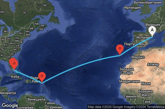 Маршрут на круиз 14 дни Испания, Португалия, Холандски Антили, Бахамските острови, САЩ - UWBN