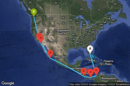 Маршрут на круиз 7 дни САЩ, Колумбия, Панама, Коста Рика, Мексико - UWBE