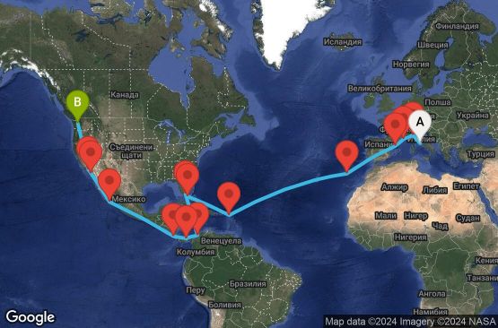 Маршрут на круиз 35 дни Италия, Франция, Испания, Португалия, Холандски Антили, Бахамските острови, САЩ, Колумбия, Панама, Коста Рика, Мексико - UWC0