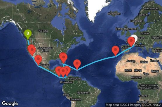 Маршрут на круиз 33 дни Франция, Испания, Португалия, Холандски Антили, Бахамските острови, САЩ, Колумбия, Панама, Коста Рика, Мексико - UWC5