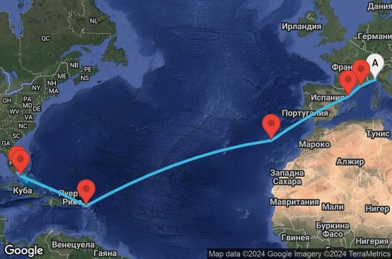 Маршрут на круиз 16 дни Италия, Франция, Испания, Португалия, Холандски Антили, Бахамските острови, САЩ - UWBL