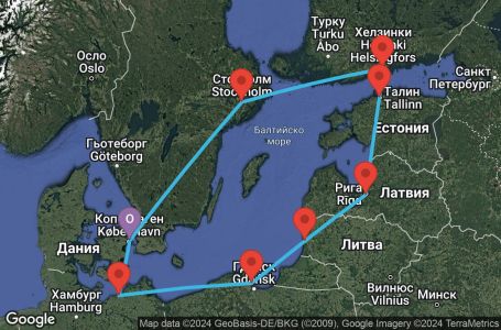 Маршрут на круиз Copenhagen,Warnemunde,Gdynia,Klaipeda,Riga,Tallinn,Helsinki,Stockholm,Stockholm,Copenhagen - UWAP