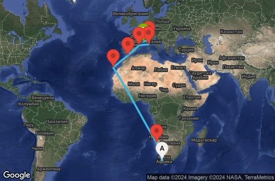 Маршрут на круиз 21 дни Южна Африка, Намибия, Испания, Мароко, Франция, Италия - CPT21A0A