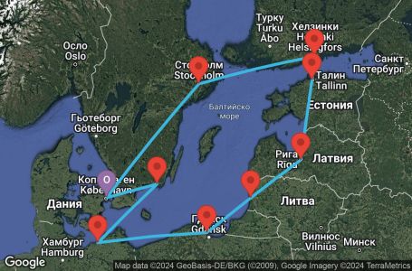 Маршрут на круиз Copenhagen,Karlskrona,Warnemunde,Gdynia,Klaipeda,Riga,Tallinn,Helsinki,Stockholm,Stockholm,Copenhagen - UWAY