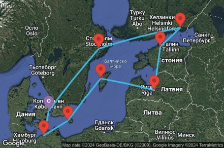 Маршрут на круиз Copenhagen,Warnemunde,Ronne,Visby,Riga,Tallinn,Kotka,Stockholm,Stockholm,Copenhagen - UWAH