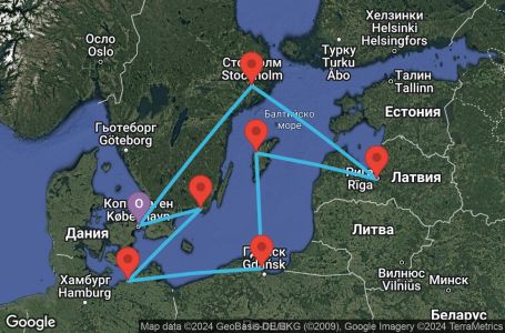 Маршрут на круиз Copenhagen,Karlskrona,Warnemunde,Gdynia,Visby,Riga,Stockholm,Copenhagen - UWB2