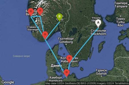 Маршрут на круиз Stockholm,Copenhagen,Warnemunde,Bergen,Eidfjord,Kristiansand,Oslo - UWAM