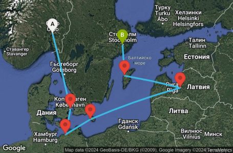 Маршрут на круиз Oslo,Copenhagen,Warnemunde,Ronne,Riga,Visby,Stockholm - UWB3