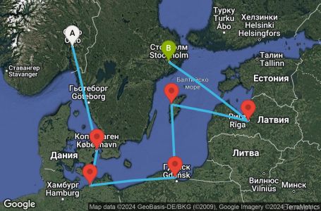 Маршрут на круиз Oslo,Copenhagen,Warnemunde,Gdynia,Visby,Riga,Stockholm - UWAK