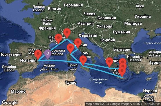 Маршрут на круиз 14 дни Испания, Гърция, Италия, Франция - PMI14A06